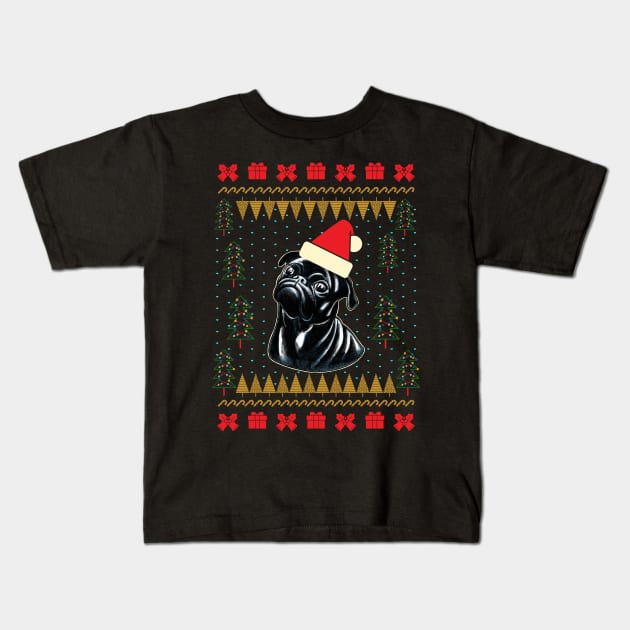 Black Pug Ugly Christmas Sweater Kids T-Shirt by okpinsArtDesign